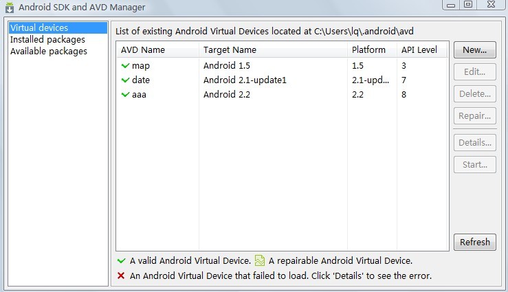Android SDK and AVD Manager�Ի���